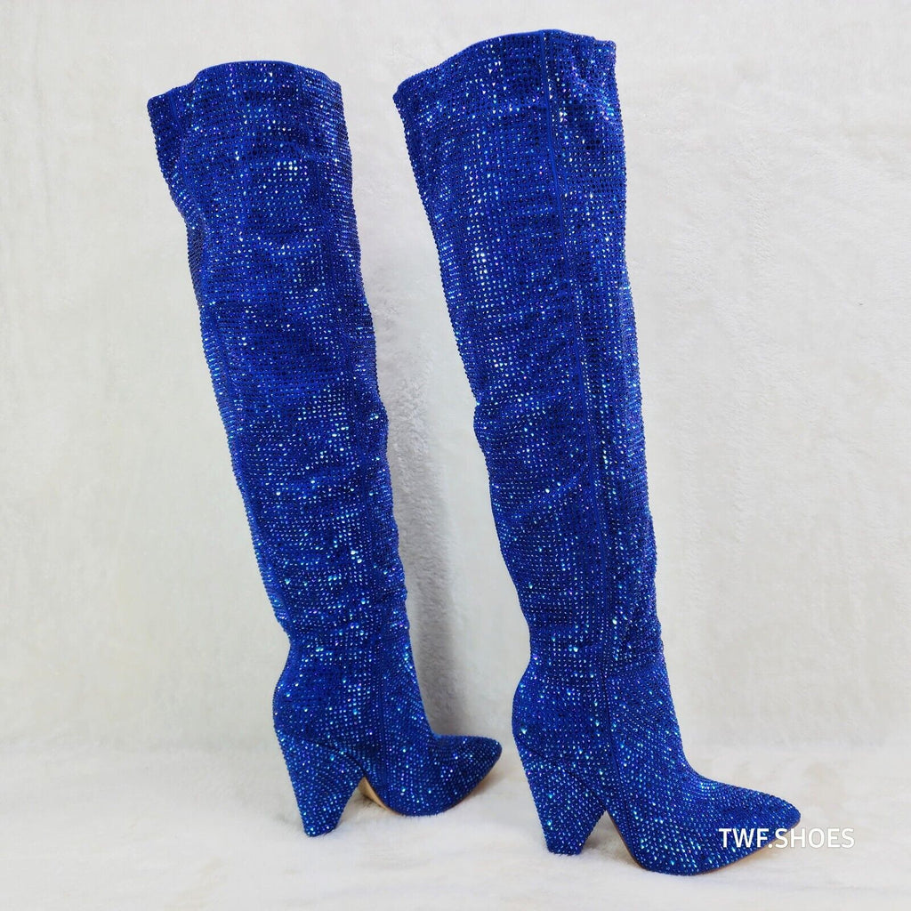 Vegas Blue Rhinestone Over the Knee Thigh boots 4.25" Heels Party Boots - Totally Wicked Footwear