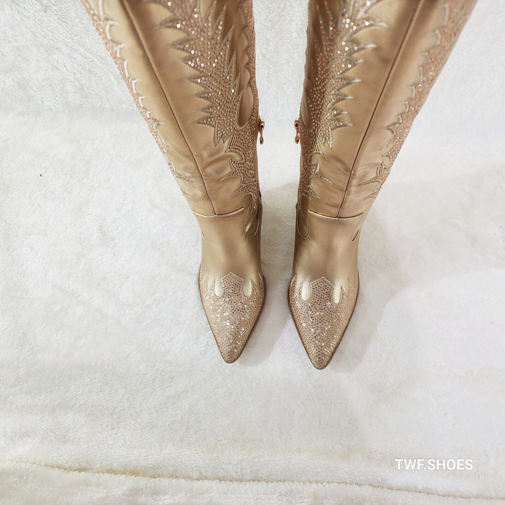 Flash Brush Metallic Matte Rhinestone Western Knee High Cowgirl Boots Champagne - Totally Wicked Footwear