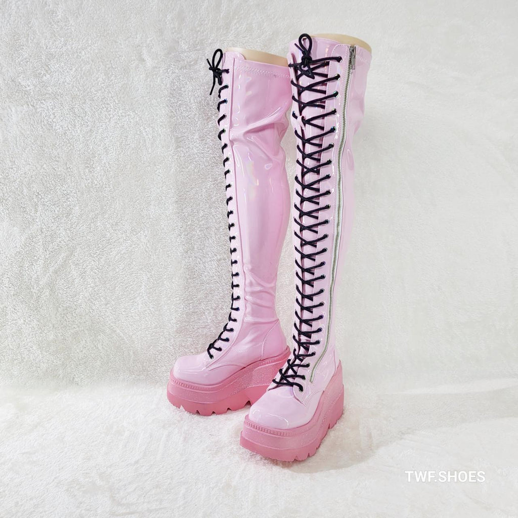 Shaker 374 Pink Patent Platform 4.5" Wedge Heel Over The Knee Boots NY DEMONIA - Totally Wicked Footwear