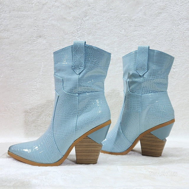 Twisted Blue Patent Country Western Cowgirl Ankle Boots 2 Tone Split Cut Heels - Totally Wicked Footwear