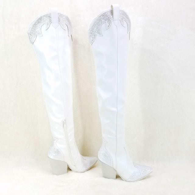 Primal Country Western Sexy White OTK Thigh Boots With Rhinestone Trims - Totally Wicked Footwear