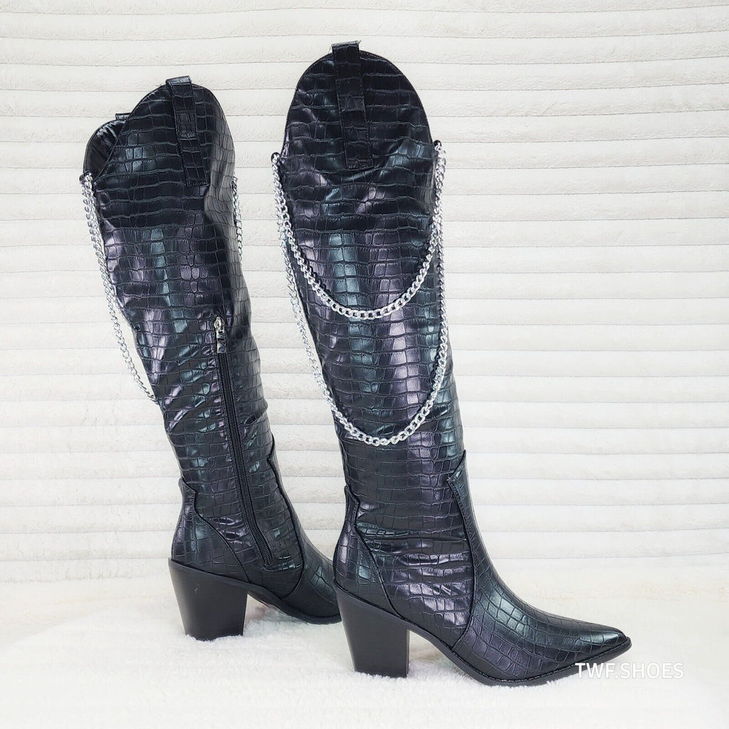 Dallas Black Snake Texture Western Knee High Draped Chain Cowgirl Boots - Totally Wicked Footwear