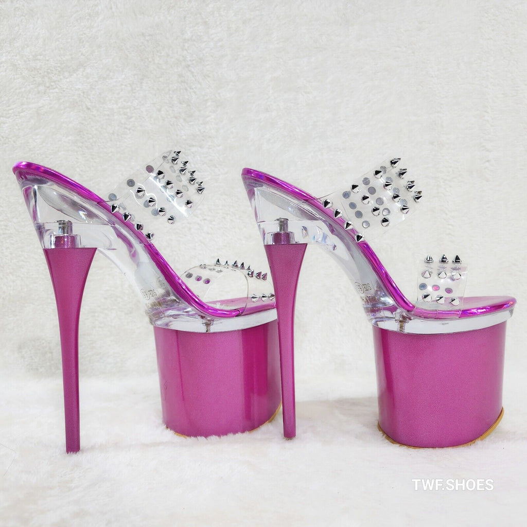 Bulls Sleek Slim 8" Towering Platform Heels Purple Double Clear Spiked Straps Sl - Totally Wicked Footwear