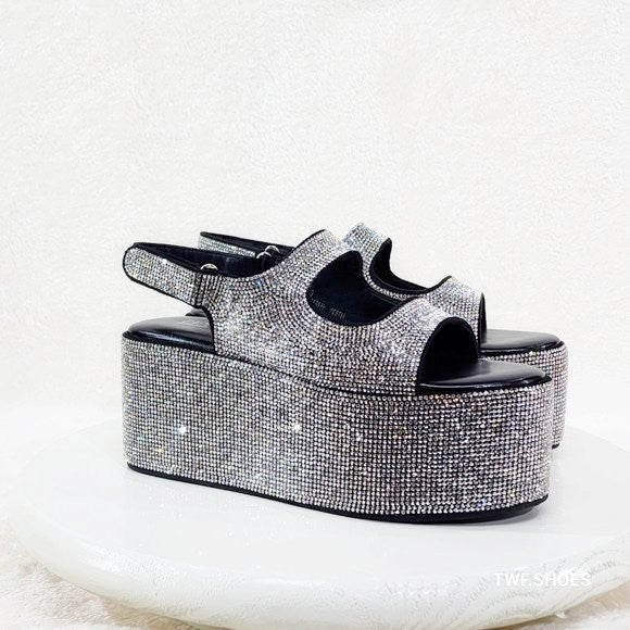 Oh Yeah Black 3" Platform Sparkling Iridescent Rhinestone Flatform Sandals - Totally Wicked Footwear
