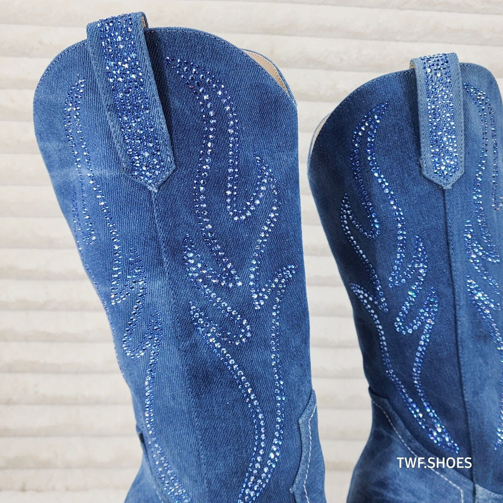 So Me Mileage Denim Rhinestone Design Western Cowgirl Boots - Totally Wicked Footwear
