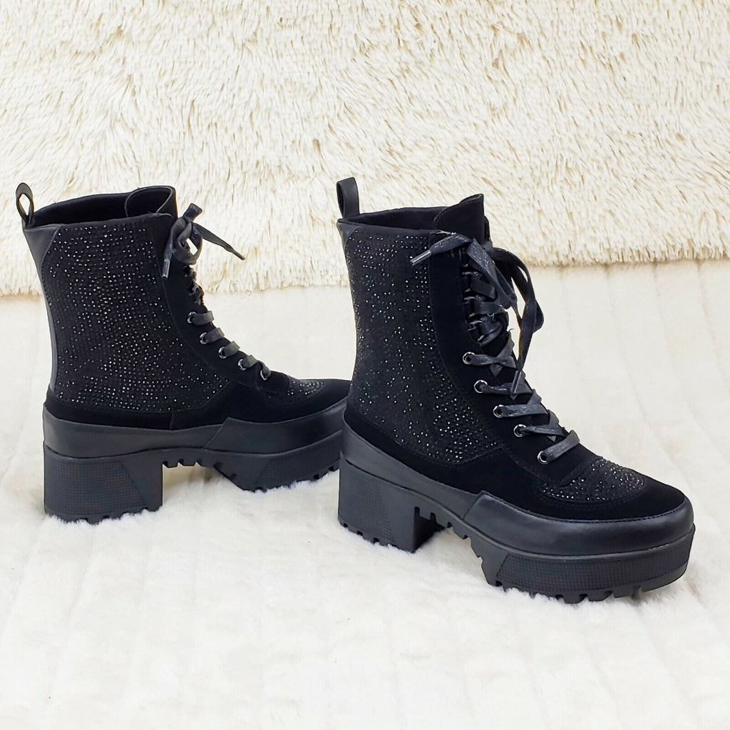 Queen Pin 2 Black Rhinestone Lace Up Platform Sneaker Combat Ankle Boots - Totally Wicked Footwear