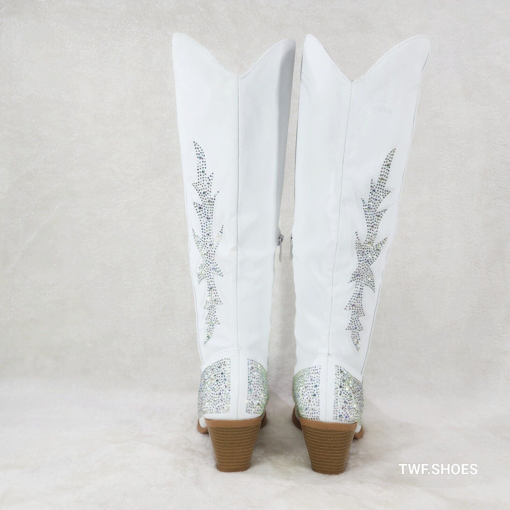 Annie White Leatherette With Rhinestones Country Glam Western Cowgirl Knee Boots - Totally Wicked Footwear