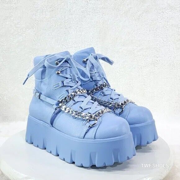 Emo Stomp 2" Platform Stomper Ankle Boots With Chain Design Baby Blue - Totally Wicked Footwear