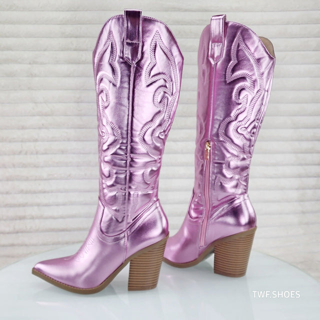 Electric Cowboy Metallic Matte Western Knee High Cowgirl Boots Baby Pink - Totally Wicked Footwear