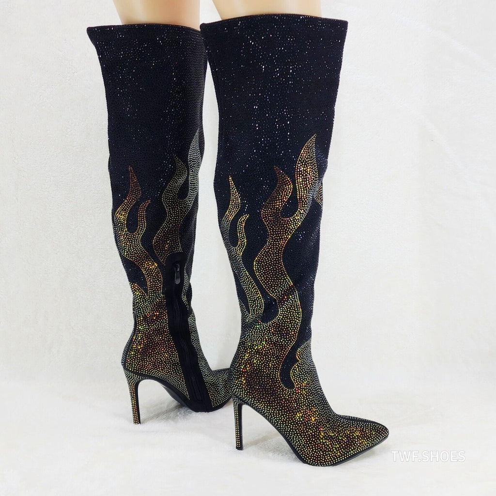 Fiery Desire Black & Gold Rhinestone Flame Detail Sexy OTK Thigh Boots - Totally Wicked Footwear