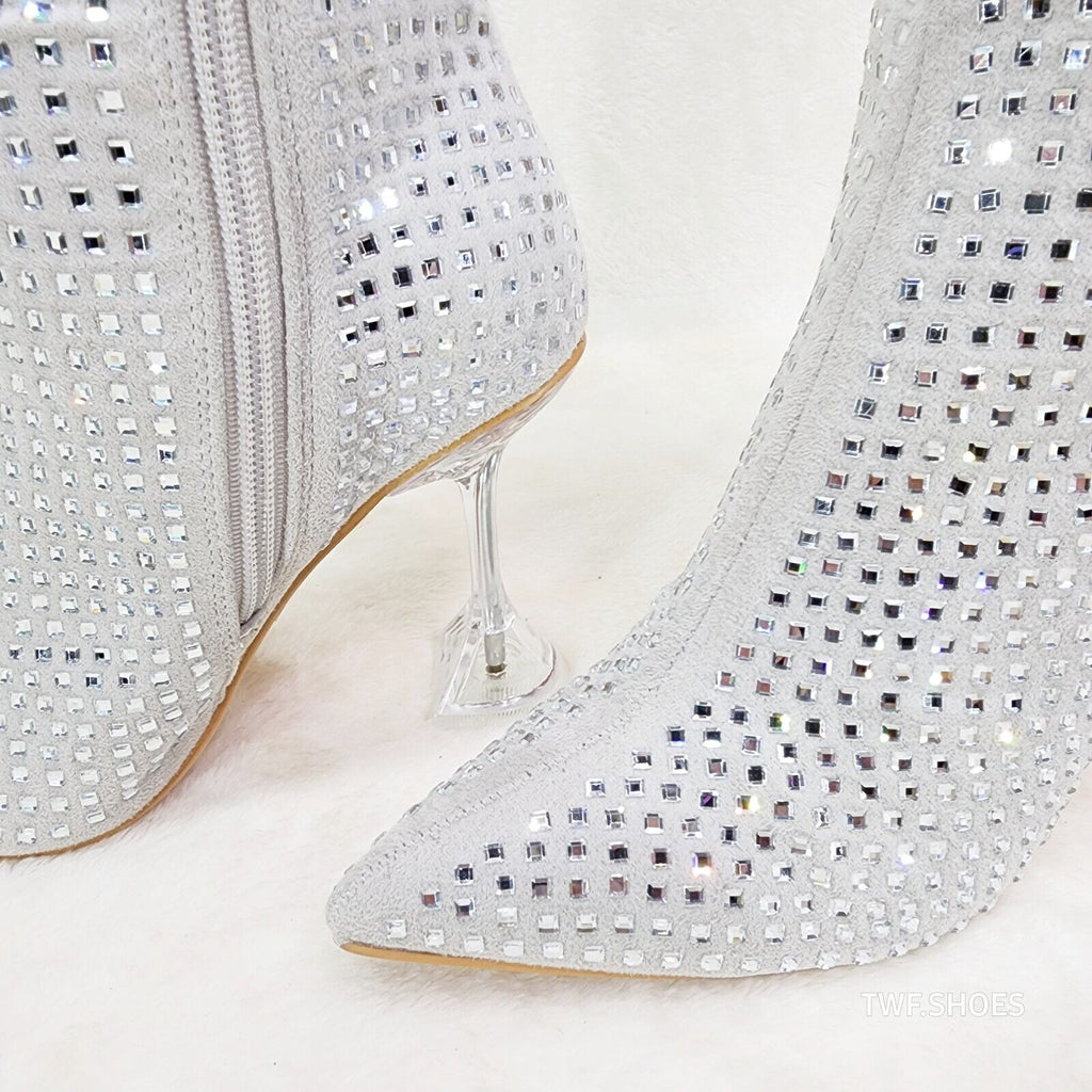 Glamour Shot Mirrored Rhinestone 4" Pyramid Heel Knee Boots Silver Gray - Totally Wicked Footwear