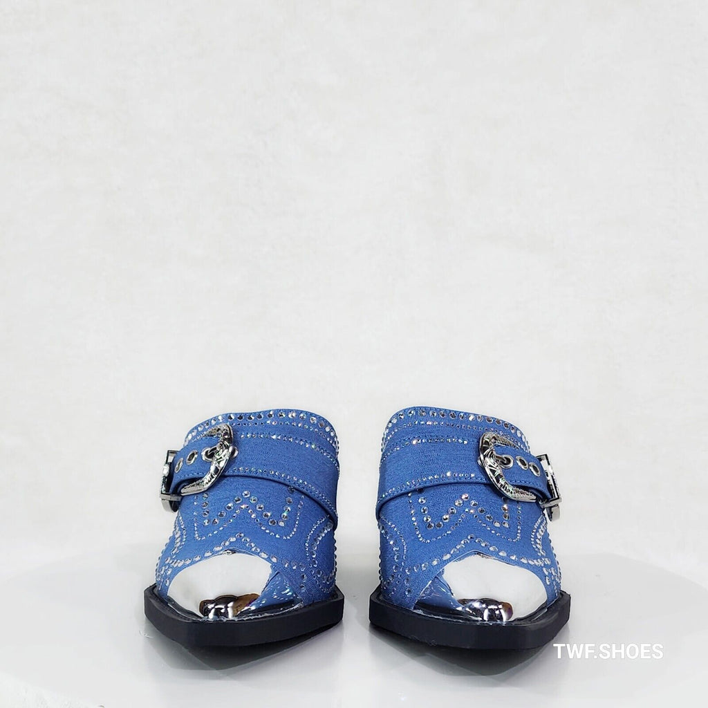 Vive Western Slip On Mules Blue Denim Rhinestones Metal Toe Guard Design - Totally Wicked Footwear