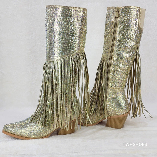 Western Diva Gold Asymmetrical Fringe Rhinestone Glam Cowgirl Boots - Totally Wicked Footwear