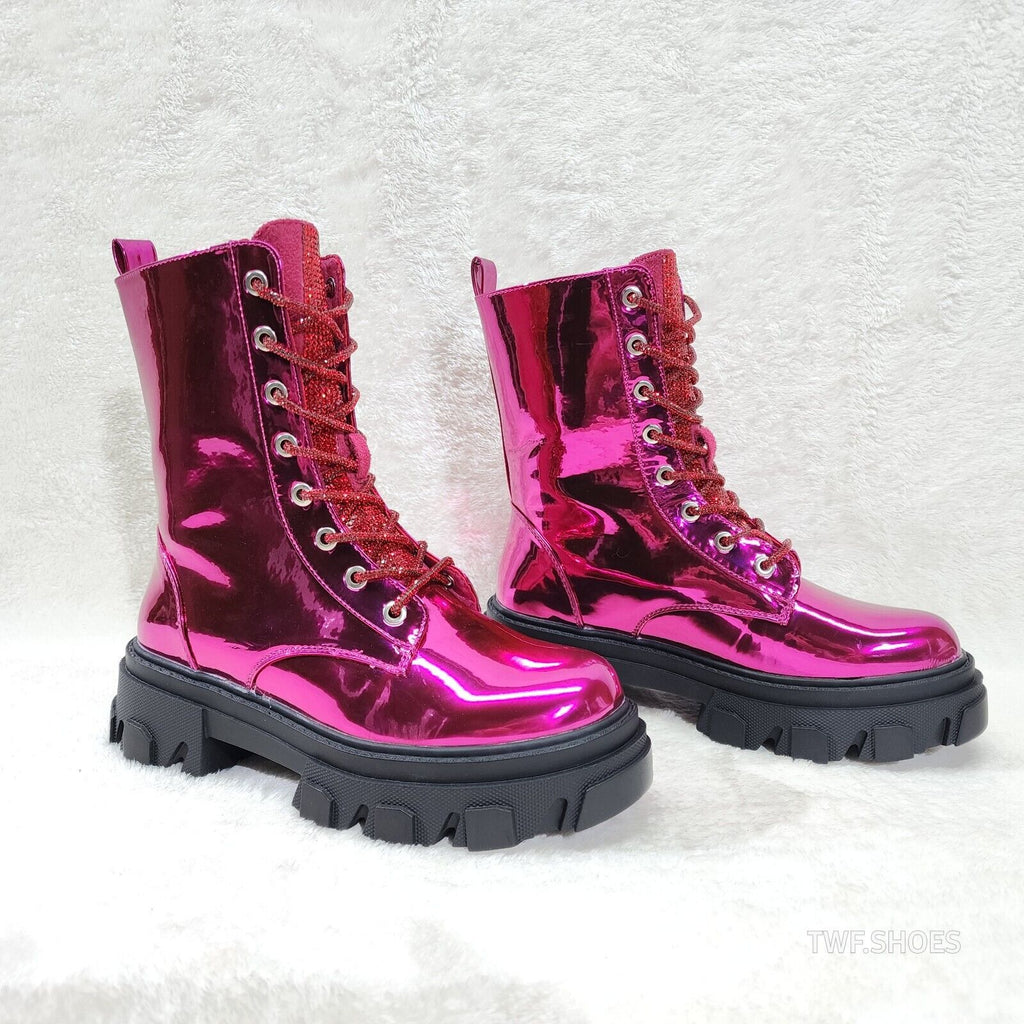 Rowan Metallic Pink Combat Ankle Boots Iridescent Rhinestone Tongue & Rope Laces - Totally Wicked Footwear