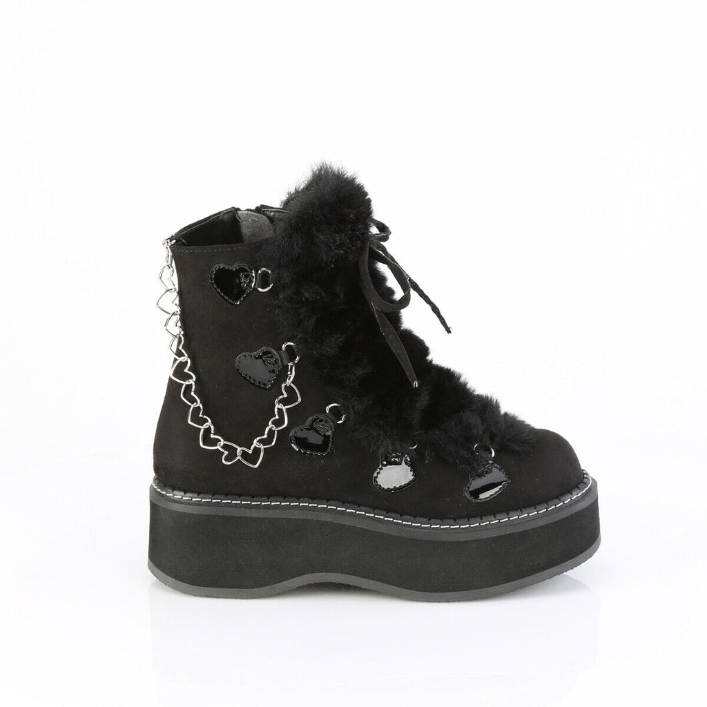 Emily Black Furry Heart Chain Goth 2" Platform Ankle Boots 55 Faux Fur - Totally Wicked Footwear