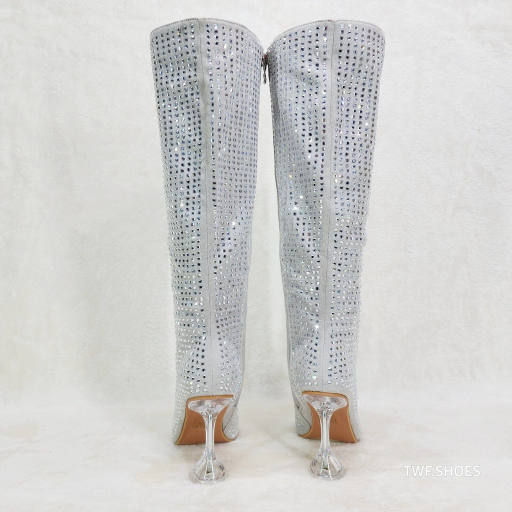 Glamour Shot Mirrored Rhinestone 4" Pyramid Heel Knee Boots Silver Gray - Totally Wicked Footwear