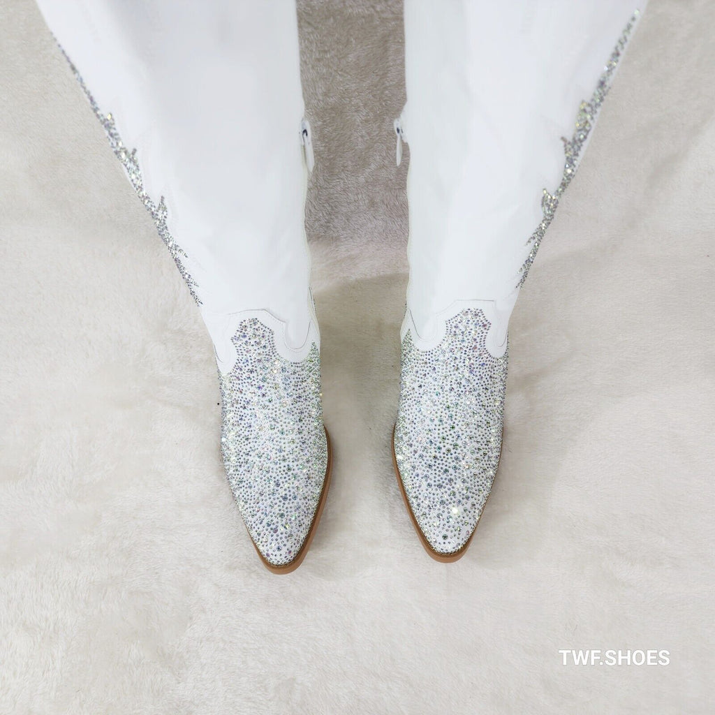 Annie White Leatherette With Rhinestones Country Glam Western Cowgirl Knee Boots - Totally Wicked Footwear