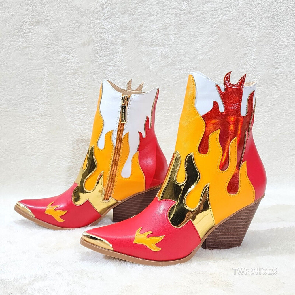 Western Flame Cowgirl Ankle Boots Red Orange Fire Color Block Country Rock - Totally Wicked Footwear