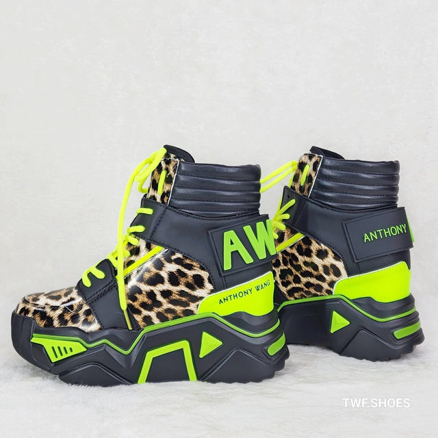 Wang Damson Lime Leopard Platform Hi-Top Sneaker Boots Hidden Wedge - Totally Wicked Footwear