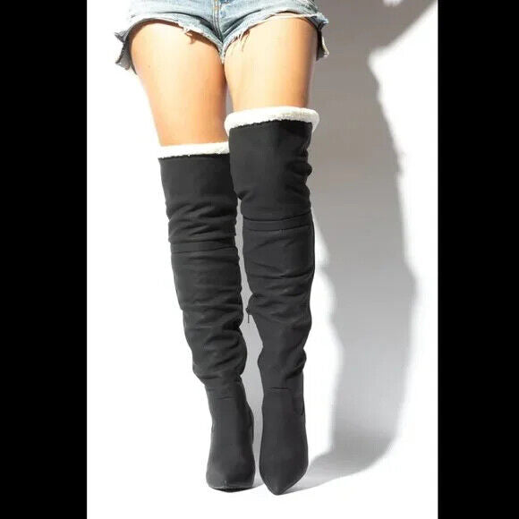 Cozy Craze Black Nubuck Over The Knee Fleece High Heel Thigh Boots - Totally Wicked Footwear