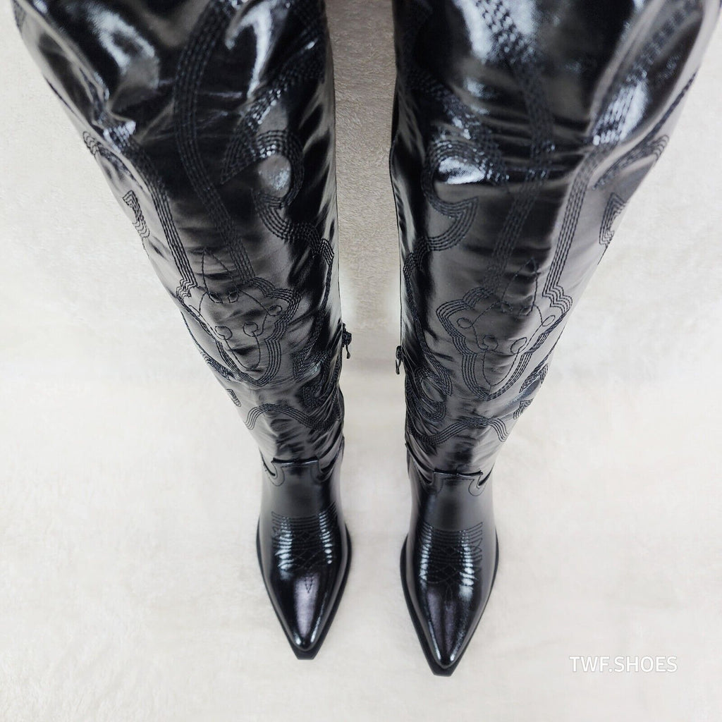 Country Disco Cowboy Metallic Black Western Cowgirl OTK Thigh Boots - Totally Wicked Footwear
