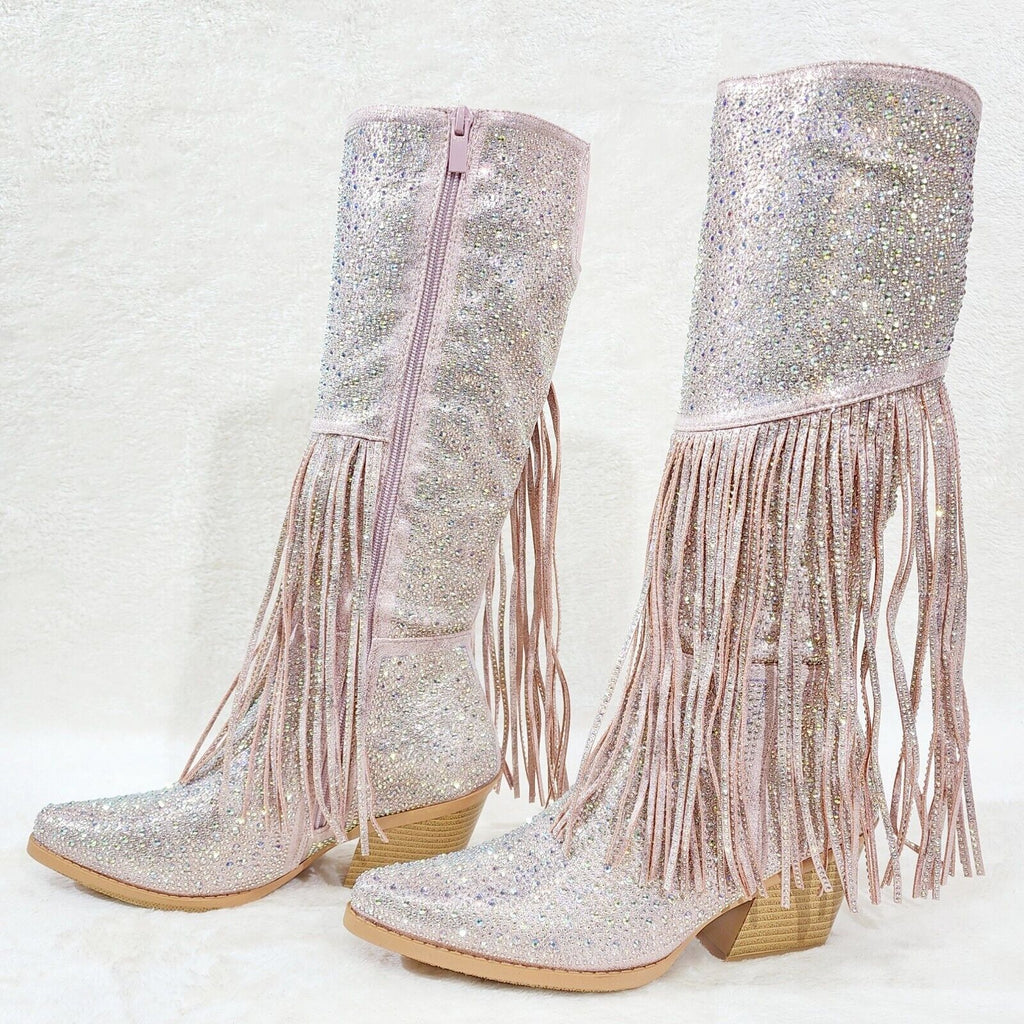 Western Diva Baby Pink Asymmetrical Fringe Rhinestone Glam Cowgirl Boots - Totally Wicked Footwear