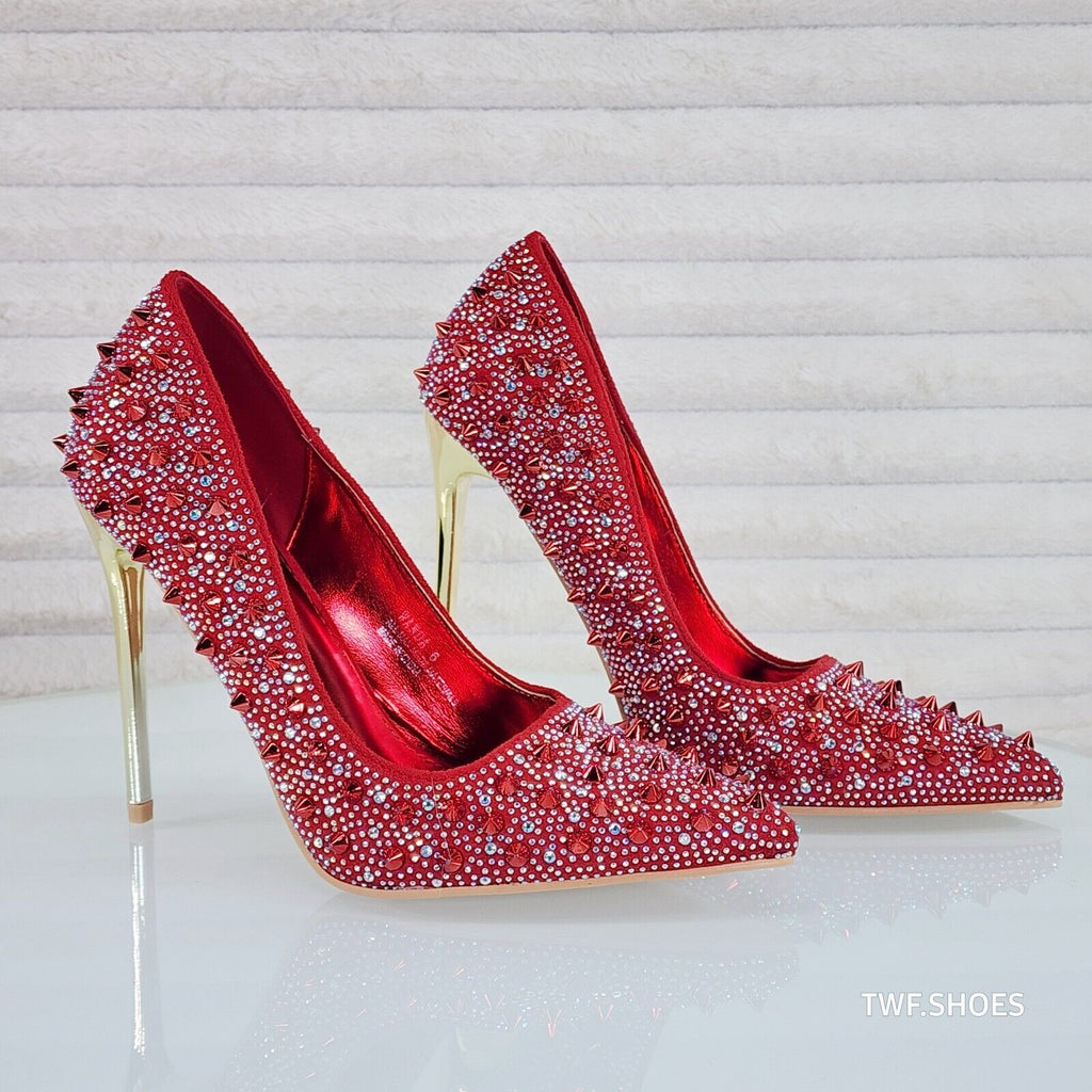 Wicked Sexy Spike Stud Iridescent Rhinestone High Heel Pump Shoes Red - Totally Wicked Footwear