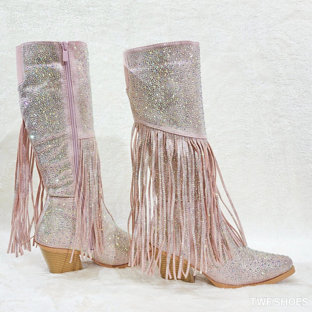 Western Diva Baby Pink Asymmetrical Fringe Rhinestone Glam Cowgirl Boots - Totally Wicked Footwear