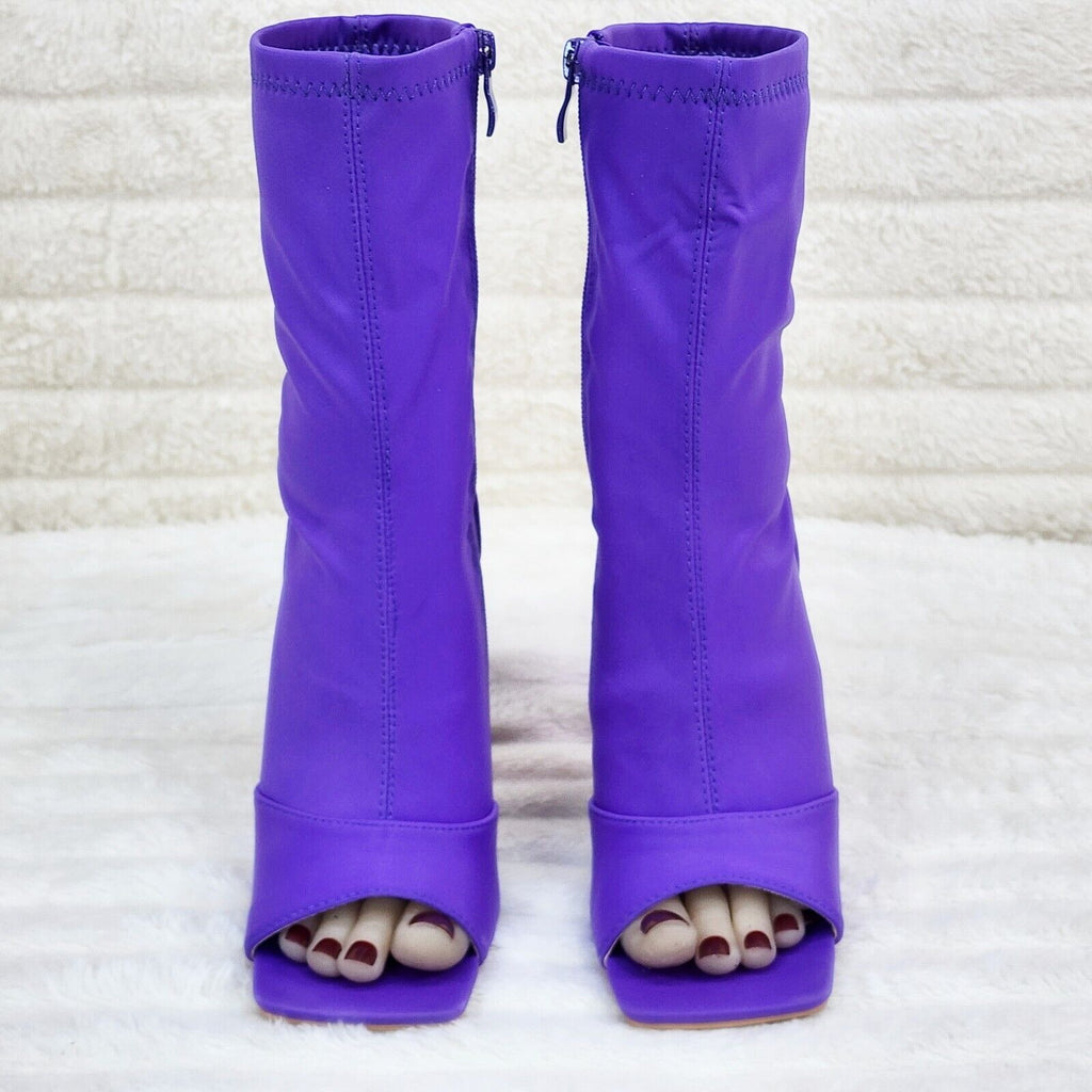 Bold Purple Stretch Square Open Toe High Heel Ankle Boots - Totally Wicked Footwear