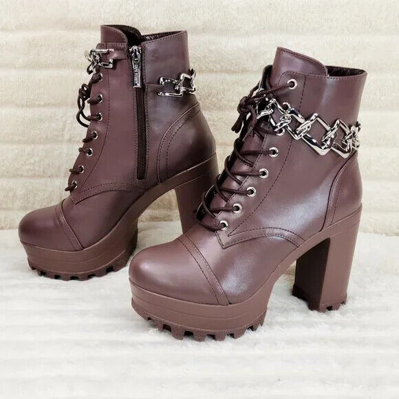 Flex Chunky Block Heel Light Weight Ankle Boots Square Chain Link Mocha Brown - Totally Wicked Footwear