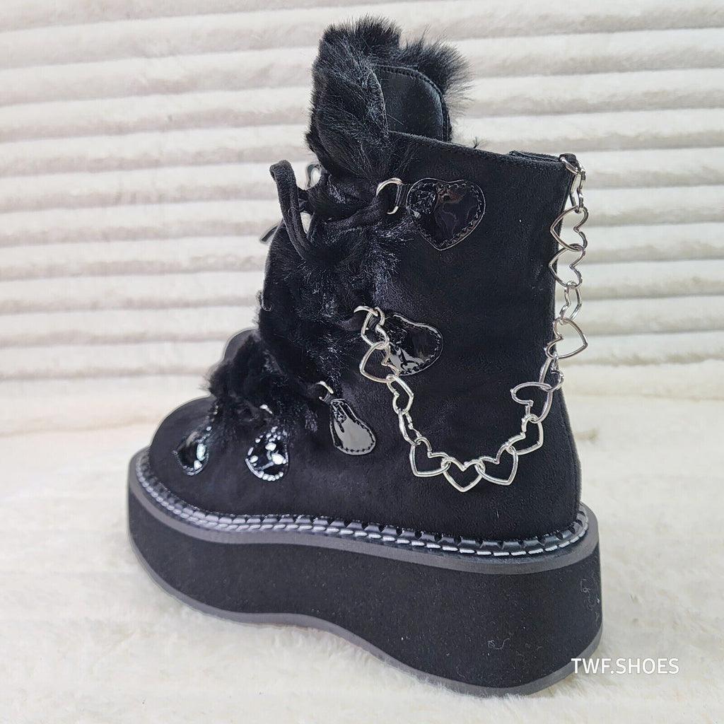 Emily Black Furry Heart Chain Goth 2" Platform Ankle Boots 55 Faux Fur - Totally Wicked Footwear