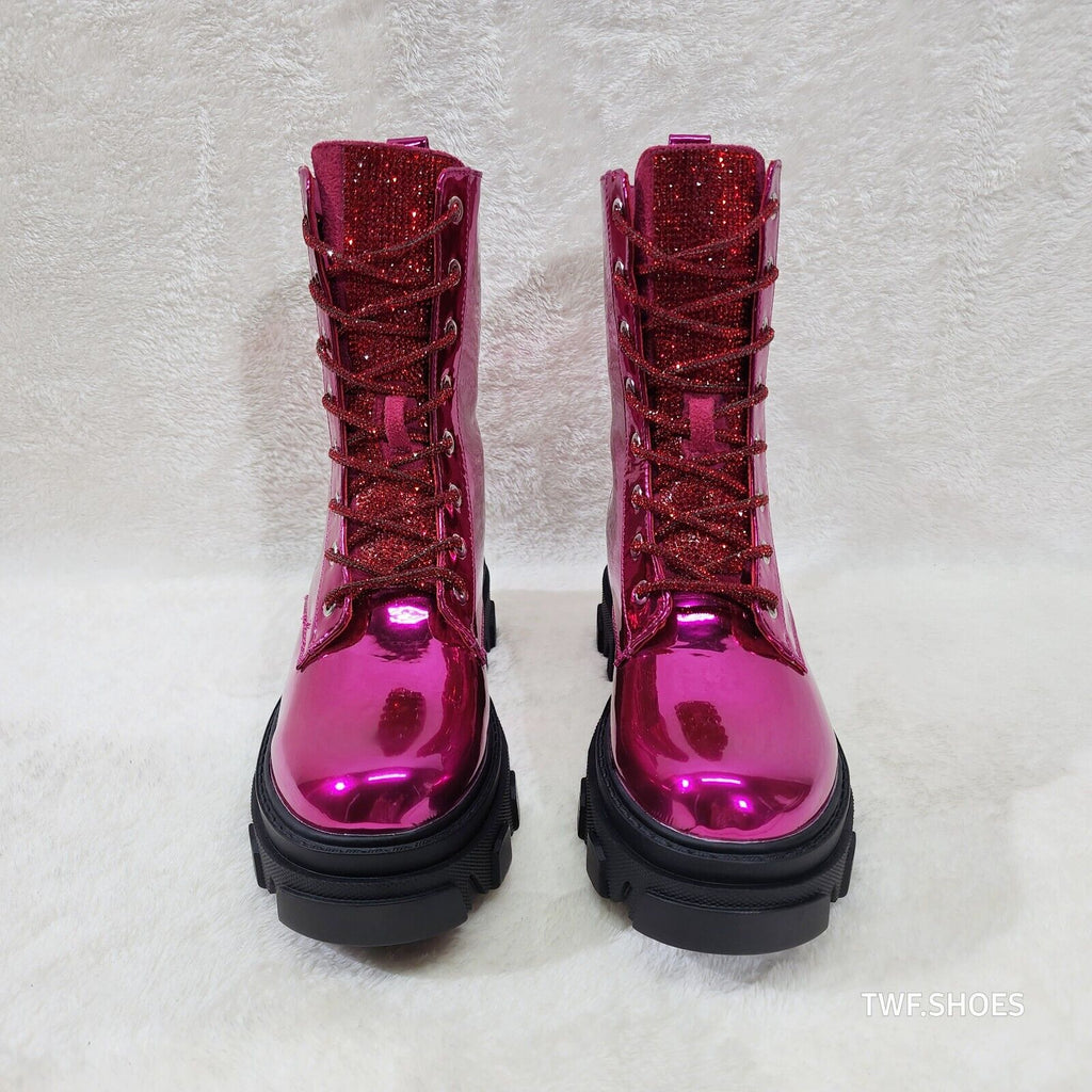 Rowan Metallic Pink Combat Ankle Boots Iridescent Rhinestone Tongue & Rope Laces - Totally Wicked Footwear