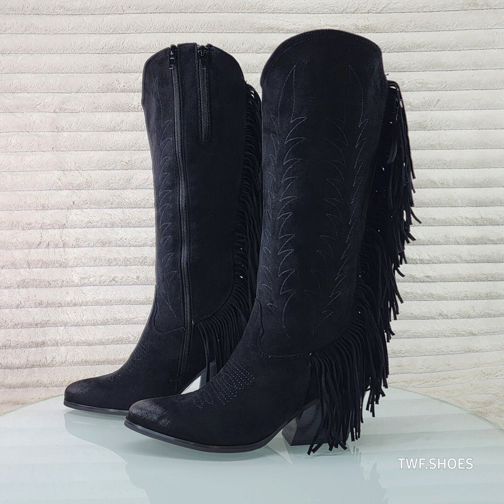 Dusty Roads Black Faux Suede Back Fringe Western Cowgirl Boots - Totally Wicked Footwear