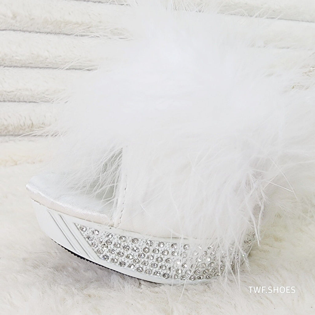 Elegance Marabou Feather Slip On Platform Sandals 5" Stiletto Heel Shoes White - Totally Wicked Footwear