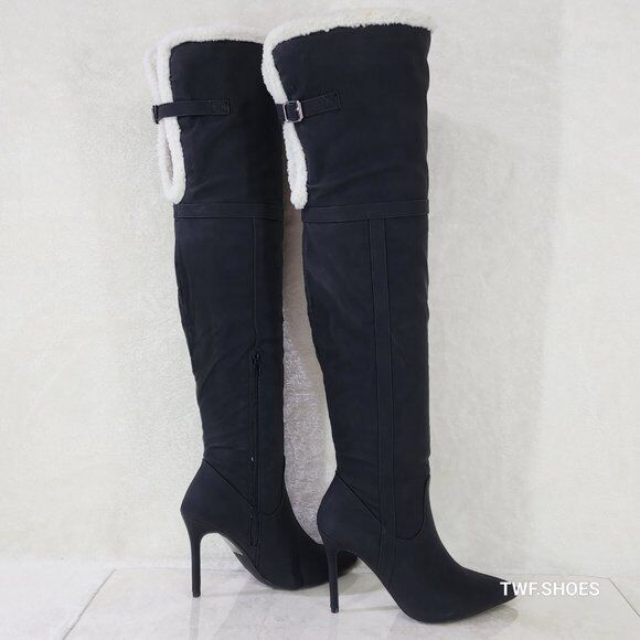 Cozy Craze Black Nubuck Over The Knee Fleece High Heel Thigh Boots - Totally Wicked Footwear