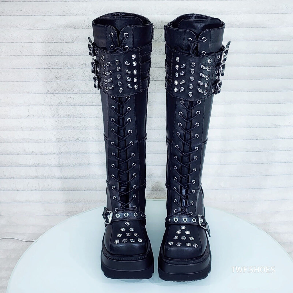 Shaker 225 Black Matte Platform 4.5" Wedge Heel Spiked Knee Boots NY DEMONIA - Totally Wicked Footwear