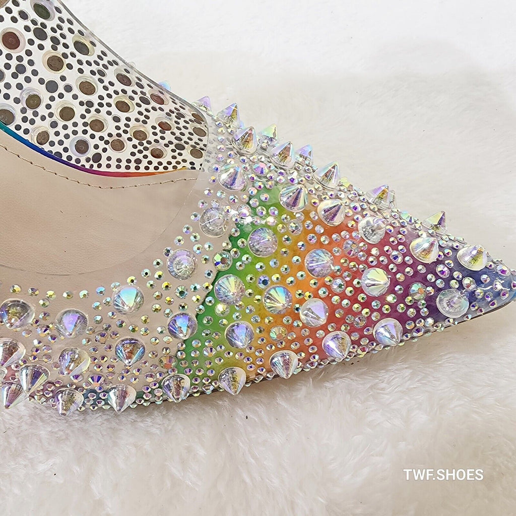 Spicy Stiletto PVC Clear Pumps Rainbow Studs & Rhinestone Pumps Stiletto Heels - Totally Wicked Footwear