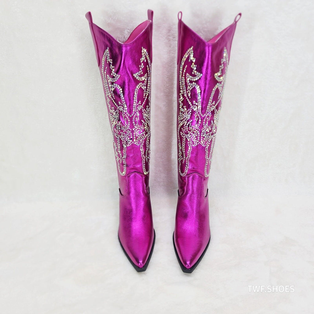 Razzle Metallic Pink Fuchsia Country Western Cowgirl Knee Boot Rhinestone Dazzle - Totally Wicked Footwear