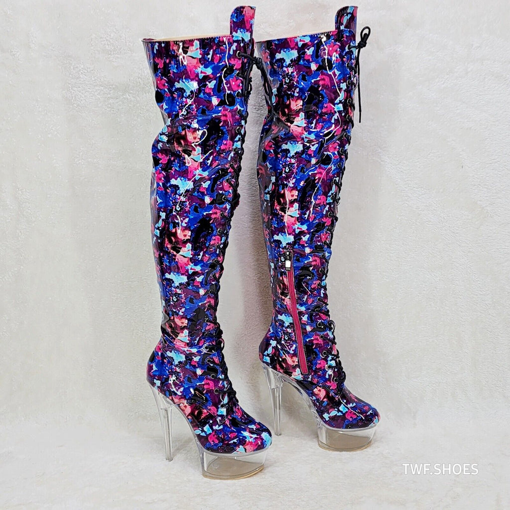 Bulls Cobalt Multi Color Print Patent OTK Clear Platform High Heel Thigh Boots - Totally Wicked Footwear