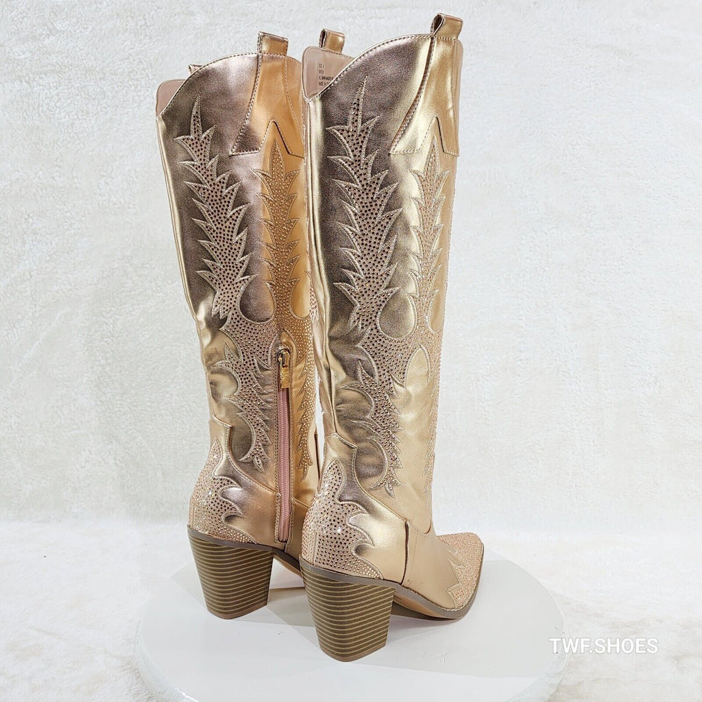 Flash Brush Metallic Matte Rhinestone Western Knee High Cowgirl Boots Champagne - Totally Wicked Footwear