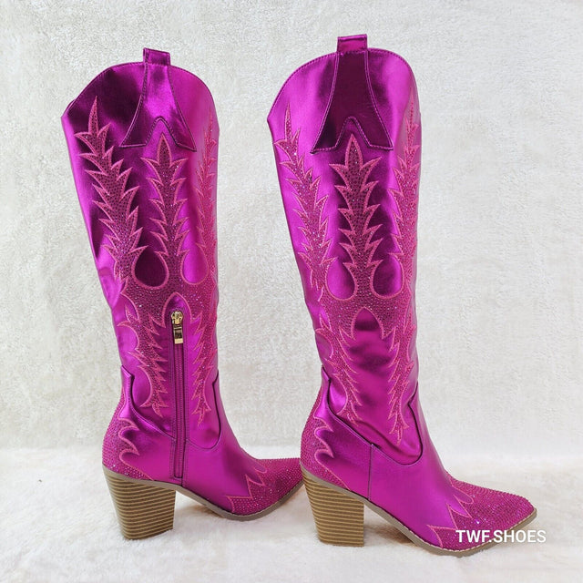 Flash Brush Metallic Matte Rhinestone Western Knee High Cowgirl Boots Hot Pink - Totally Wicked Footwear