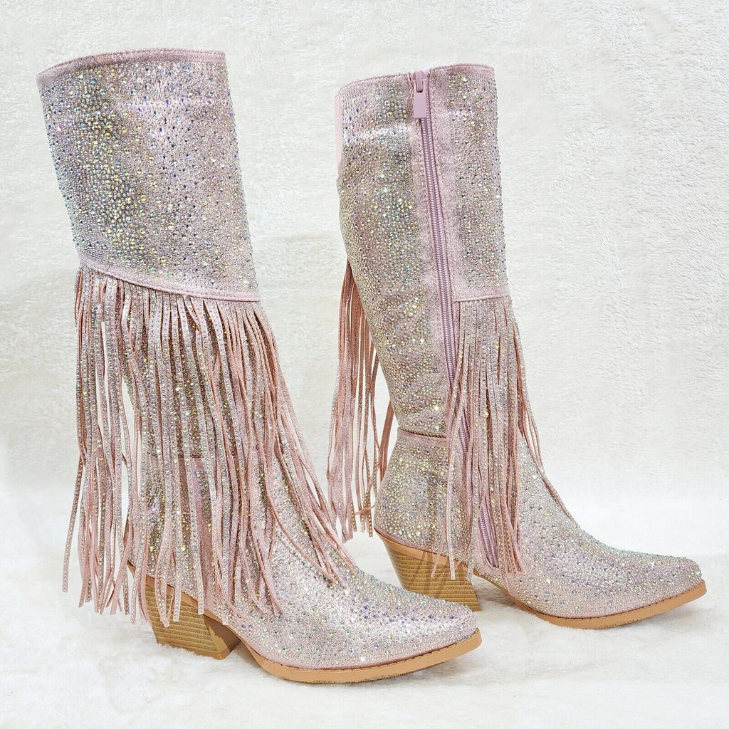 Western Diva Baby Pink Asymmetrical Fringe Rhinestone Glam Cowgirl Boots - Totally Wicked Footwear