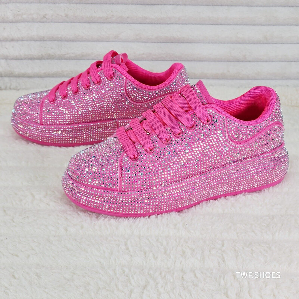 Dazzle Cush Bright Hot Pink Neon Rhinestone Comfy Platform Sneakers Tennis Shoes - Totally Wicked Footwear