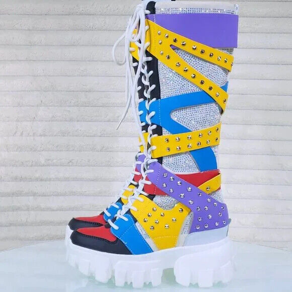 Wang Limited Multi Color White Platform Sneaker Knee Boots Hidden Wedge Heels - Totally Wicked Footwear