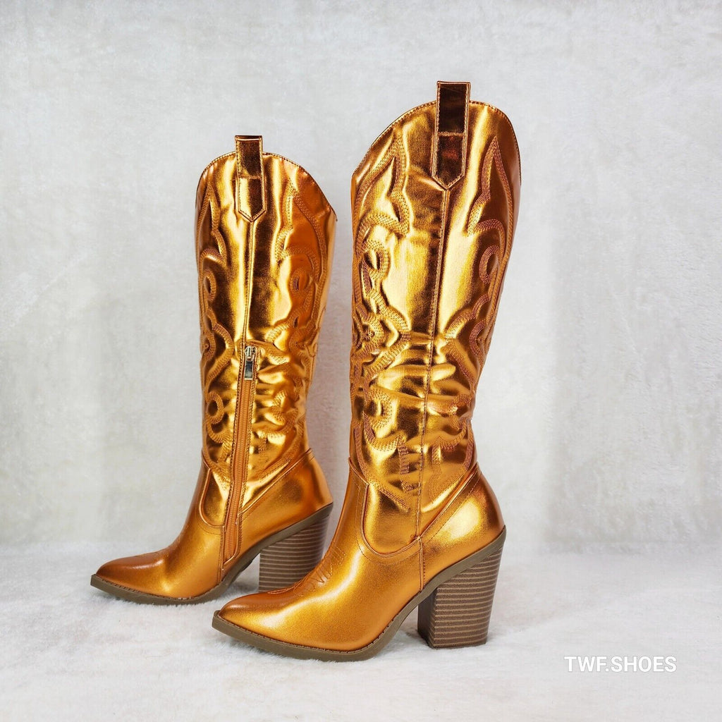 Electric Cowboy Orange Metallic Matte Western Knee High Country Cowgirl Boots - Totally Wicked Footwear