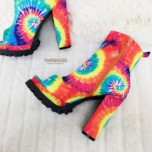 Trippin Colorful Tie Dye Open Toe Chunky Platform Heel Ankle Boots - Totally Wicked Footwear