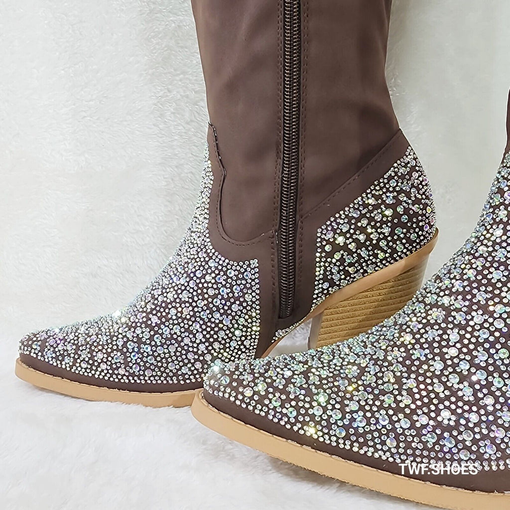 Annie Brown Leatherette With Rhinestones Country Glam Western Cowgirl Knee Boots - Totally Wicked Footwear