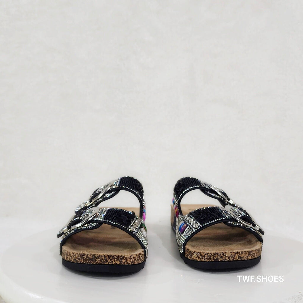 Zany Double Buckle Strap Rhinestone Beaded Slip on Mule Sandals - Totally Wicked Footwear