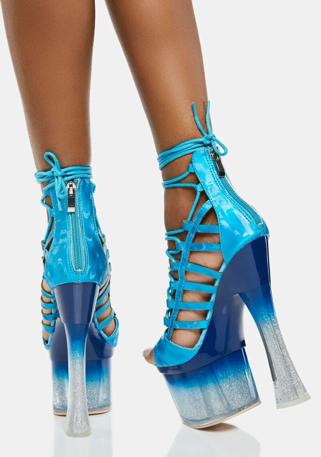 Bulls Blue Strappy Gradient Ombre Glitter Tint Platform & Chunky Heels - Totally Wicked Footwear