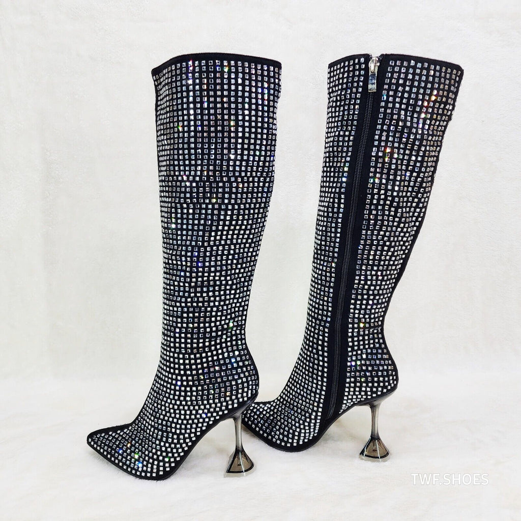 Glamour Shot Mirrored Rhinestone Tinted 4" Pyramid Heel Knee Boots Black - Totally Wicked Footwear